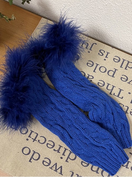 Millennial Y2K Spice Subculture Fluffy White Feather Trim Warm Cable Sweet Lolita Knit Sleeves