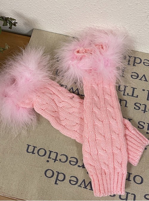 Millennial Y2K Spice Subculture Fluffy White Feather Trim Warm Cable Sweet Lolita Knit Sleeves