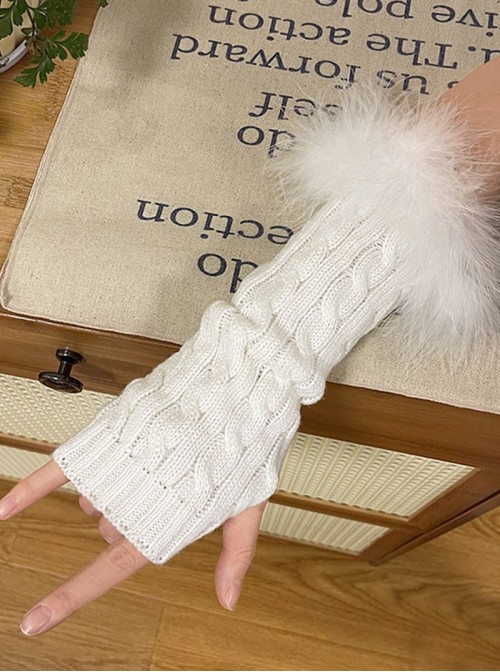 Millennial Y2K Spice Subculture Fluffy White Feather Trim Warm Cable Sweet Lolita Knit Sleeves