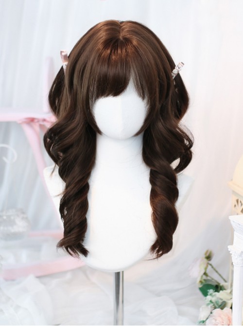 Japanese Retro Style Chocolate Brown All Match Natural Side Swept Bangs Sweet Lolita Long Curly Wig