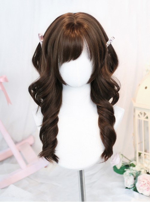 Japanese Retro Style Chocolate Brown All Match Natural Side Swept Bangs Sweet Lolita Long Curly Wig