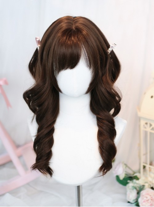 Japanese Retro Style Chocolate Brown All Match Natural Side Swept Bangs Sweet Lolita Long Curly Wig