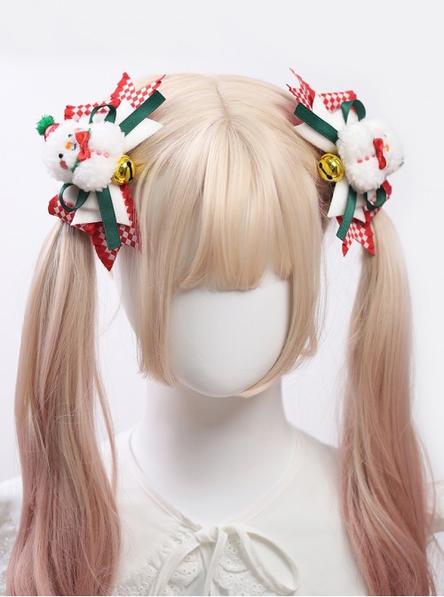 Cute Christmas Plaid Ribbon Design 3D Plush Snowman Bells Bowknot All Match Festival Sweet Lolita Hair Clip