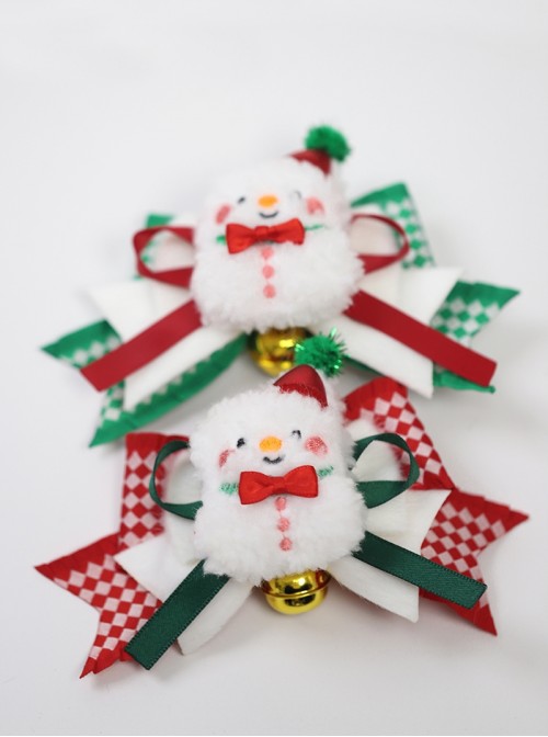 Cute Christmas Plaid Ribbon Design 3D Plush Snowman Bells Bowknot All Match Festival Sweet Lolita Hair Clip