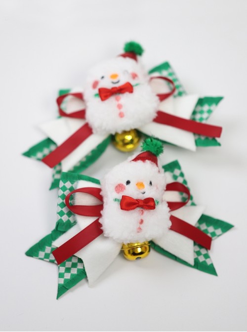 Cute Christmas Plaid Ribbon Design 3D Plush Snowman Bells Bowknot All Match Festival Sweet Lolita Hair Clip