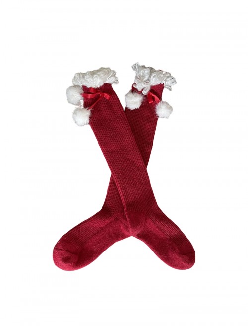 New Year Christmas Cashmere Girly Curly Lace Bow Pom Pom Decoration Sweet Lolita Mid Calf Stockings Socks