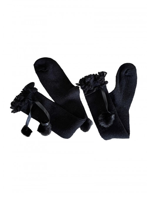 New Year Christmas Cashmere Girly Curly Lace Bow Pom Pom Decoration Sweet Lolita Mid Calf Stockings Socks