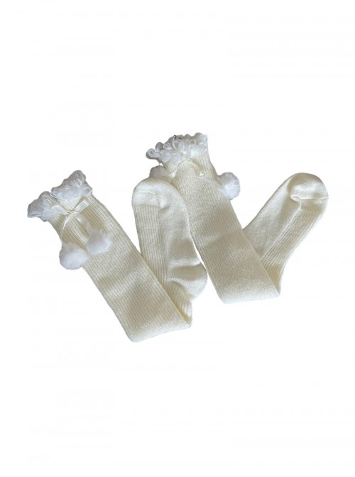 New Year Christmas Cashmere Girly Curly Lace Bow Pom Pom Decoration Sweet Lolita Mid Calf Stockings Socks