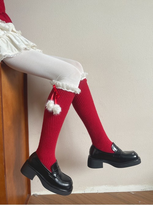 New Year Christmas Cashmere Girly Curly Lace Bow Pom Pom Decoration Sweet Lolita Mid Calf Stockings Socks