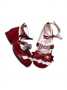 Mousse Roll Series Small Spoon Hardware Decoration Striped Bowknot Lace Round Toe Low Heel Sweet Lolita Shoes