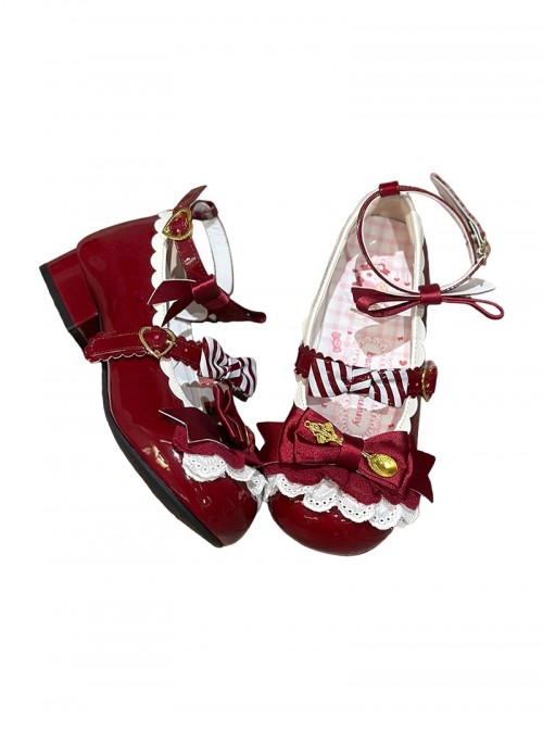 Mousse Roll Series Small Spoon Hardware Decoration Striped Bowknot Lace Round Toe Low Heel Sweet Lolita Shoes