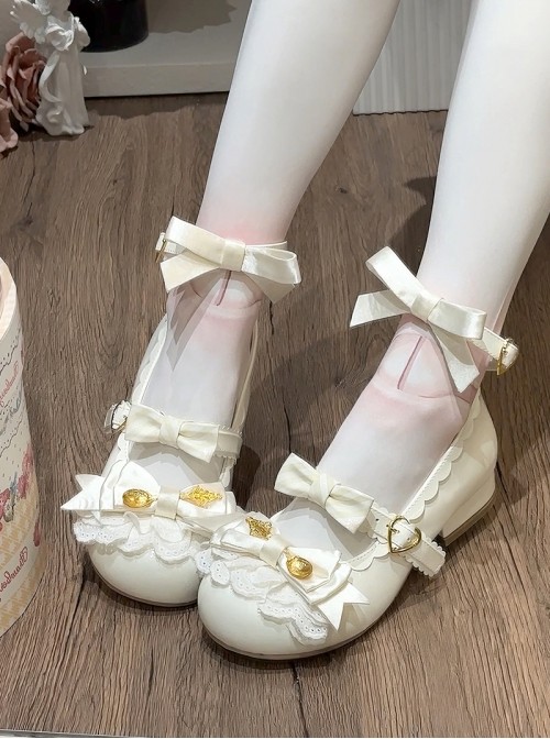 Mousse Roll Series Small Spoon Hardware Decoration Striped Bowknot Lace Round Toe Low Heel Sweet Lolita Shoes