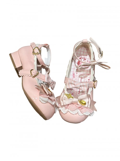 Mousse Roll Series Small Spoon Hardware Decoration Striped Bowknot Lace Round Toe Low Heel Sweet Lolita Shoes