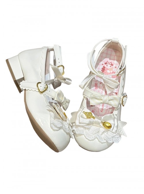 Mousse Roll Series Small Spoon Hardware Decoration Striped Bowknot Lace Round Toe Low Heel Sweet Lolita Shoes