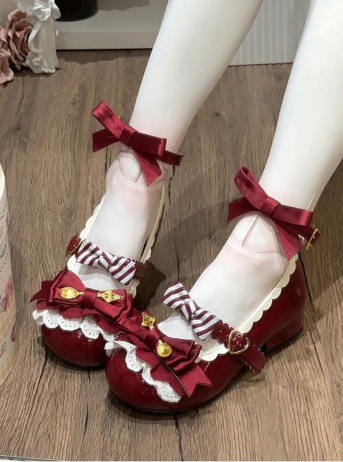 Mousse Roll Series Small Spoon Hardware Decoration Striped Bowknot Lace Round Toe Low Heel Sweet Lolita Shoes