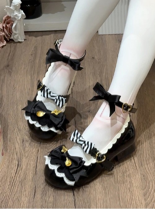 Mousse Roll Series Small Spoon Hardware Decoration Striped Bowknot Lace Round Toe Low Heel Sweet Lolita Shoes