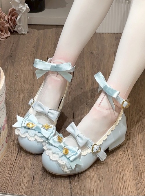 Mousse Roll Series Small Spoon Hardware Decoration Striped Bowknot Lace Round Toe Low Heel Sweet Lolita Shoes