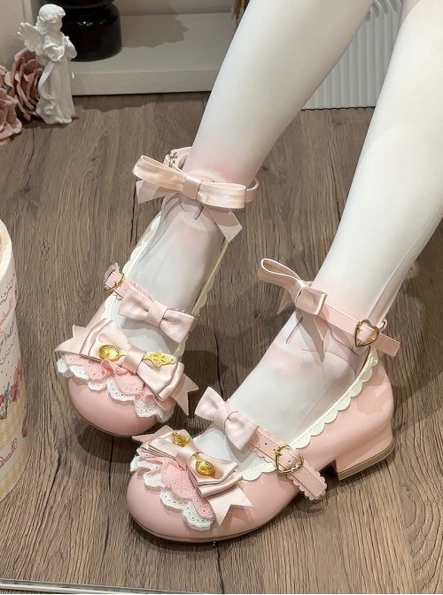 Mousse Roll Series Small Spoon Hardware Decoration Striped Bowknot Lace Round Toe Low Heel Sweet Lolita Shoes