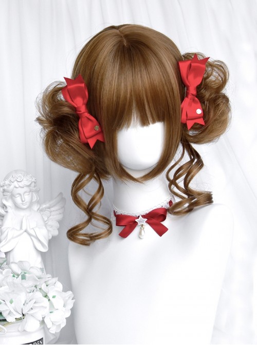 Hanamaru Series Honey Golden Brown Straight Bangs Kawaii Girl Japanese Style Sweet Lolita Double Curly Bun Short Wig