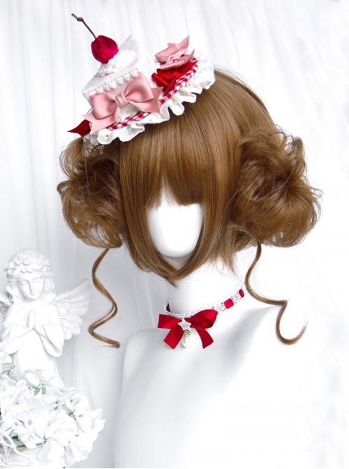 Hanamaru Series Honey Golden Brown Straight Bangs Kawaii Girl Japanese Style Sweet Lolita Double Curly Bun Short Wig