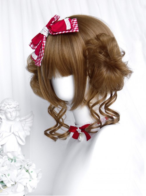 Hanamaru Series Honey Golden Brown Straight Bangs Kawaii Girl Japanese Style Sweet Lolita Double Curly Bun Short Wig