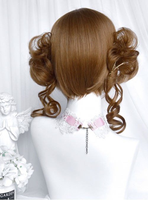 Hanamaru Series Honey Golden Brown Straight Bangs Kawaii Girl Japanese Style Sweet Lolita Double Curly Bun Short Wig