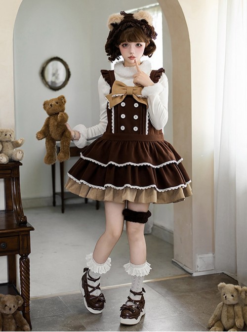 Tokamachi Light Snow Series Cute Brown Lace Button Bowknot Decoration Ruffle Hem Sweet Lolita Kumako Sleeveless Dress Bear Ear Headband Set