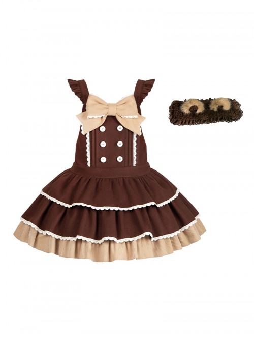 Tokamachi Light Snow Series Cute Brown Lace Button Bowknot Decoration Ruffle Hem Sweet Lolita Kumako Sleeveless Dress Bear Ear Headband Set