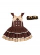 Tokamachi Light Snow Series Cute Brown Lace Button Bowknot Decoration Ruffle Hem Sweet Lolita Kumako Sleeveless Dress Bear Ear Headband Set