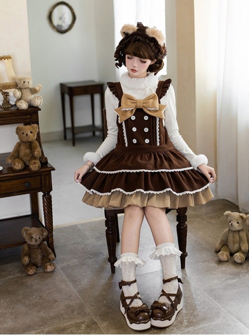 Tokamachi Light Snow Series Cute Brown Lace Button Bowknot Decoration Ruffle Hem Sweet Lolita Kumako Sleeveless Dress Bear Ear Headband Set