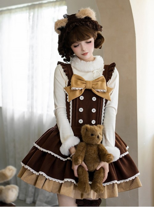 Tokamachi Light Snow Series Cute Brown Lace Button Bowknot Decoration Ruffle Hem Sweet Lolita Kumako Sleeveless Dress Bear Ear Headband Set