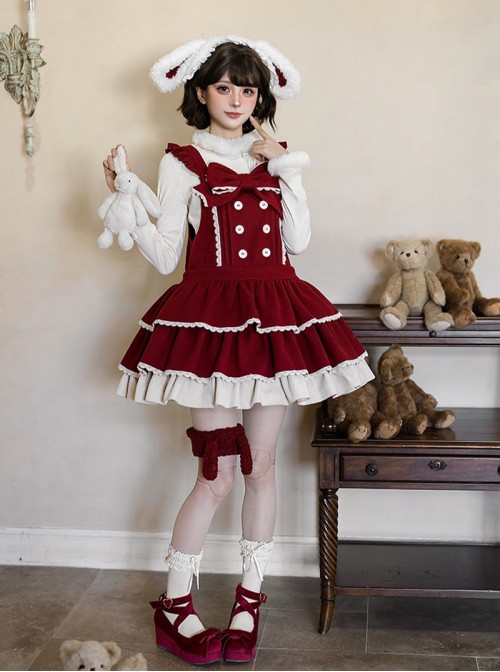 Tokamachi Light Snow Series Red Cute Button Bowknot Decoration Lace Ruffle Hem Sweet Lolita Sleeveless Dress Rabbit Ears Headband Set