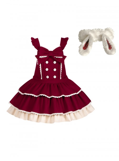 Tokamachi Light Snow Series Red Cute Button Bowknot Decoration Lace Ruffle Hem Sweet Lolita Sleeveless Dress Rabbit Ears Headband Set