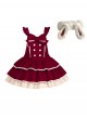 Tokamachi Light Snow Series Red Cute Button Bowknot Decoration Lace Ruffle Hem Sweet Lolita Sleeveless Dress Rabbit Ears Headband Set