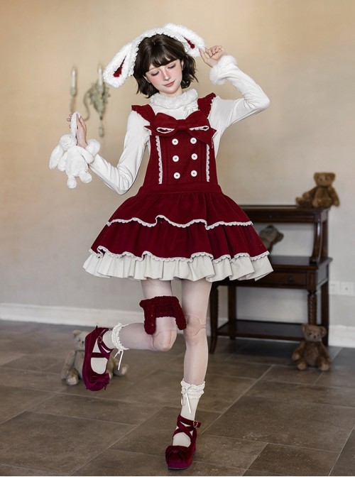 Tokamachi Light Snow Series Red Cute Button Bowknot Decoration Lace Ruffle Hem Sweet Lolita Sleeveless Dress Rabbit Ears Headband Set