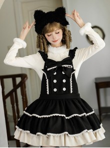 Tokamachi Light Snow Series Black Cute Low Waist Button Bowknot Decoration Lace Ruffle Hem Sweet Lolita Sleeveless Dress Cat Ears Headband Set