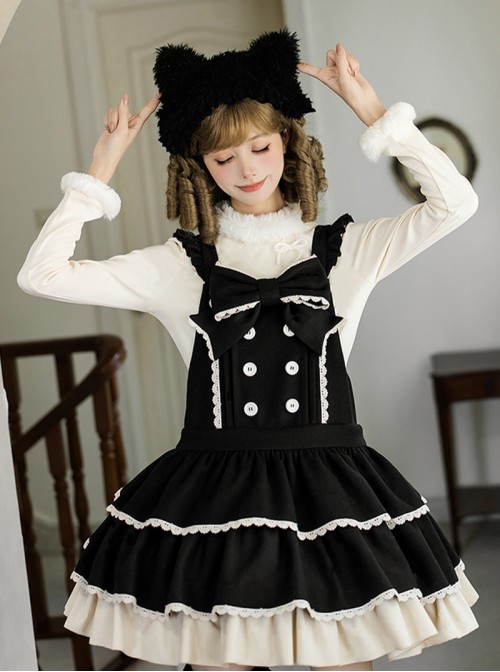 Tokamachi Light Snow Series Black Cute Low Waist Button Bowknot Decoration Lace Ruffle Hem Sweet Lolita Sleeveless Dress Cat Ears Headband Set