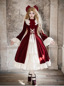 Walnut Box Winter Series Red Velvet Lace Stand Collar Elegant Open Front Ruffle Classic Lolita Long Bell Sleeves Dress Collar Bowknot Set