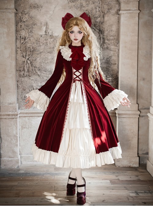 Walnut Box Winter Series Red Velvet Lace Stand Collar Elegant Open Front Ruffle Classic Lolita Long Bell Sleeves Dress Collar Bowknot Set