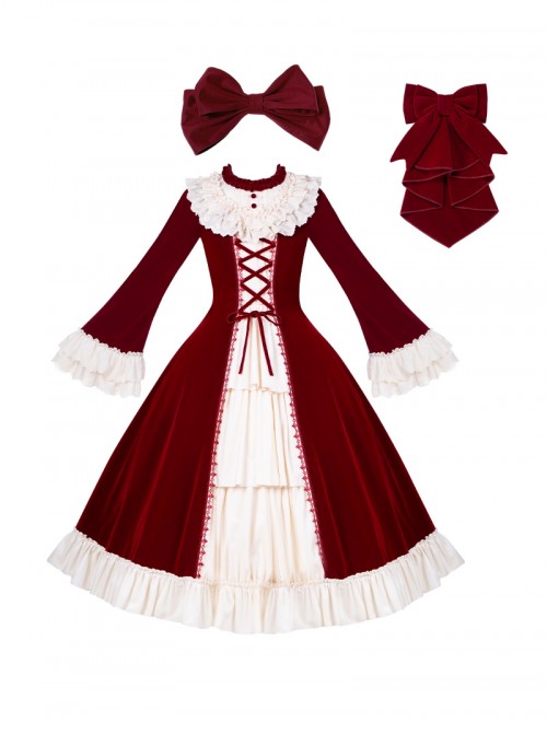 Walnut Box Winter Series Red Velvet Lace Stand Collar Elegant Open Front Ruffle Classic Lolita Long Bell Sleeves Dress Collar Bowknot Set