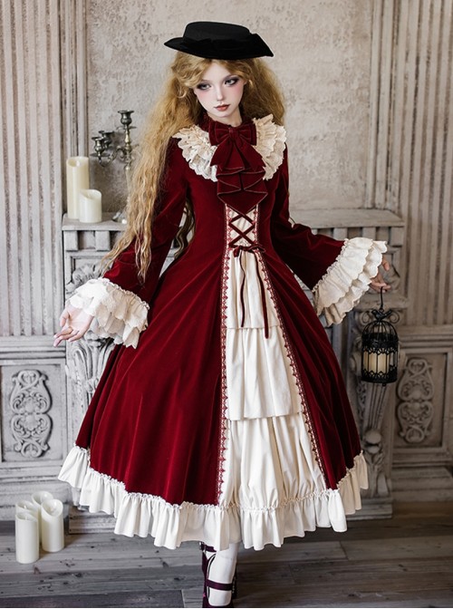 Walnut Box Winter Series Red Velvet Lace Stand Collar Elegant Open Front Ruffle Classic Lolita Long Bell Sleeves Dress Collar Bowknot Set