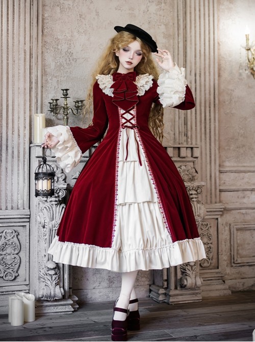 Walnut Box Winter Series Red Velvet Lace Stand Collar Elegant Open Front Ruffle Classic Lolita Long Bell Sleeves Dress Collar Bowknot Set