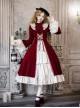 Walnut Box Winter Series Red Velvet Lace Stand Collar Elegant Open Front Ruffle Classic Lolita Long Bell Sleeves Dress Collar Bowknot Set