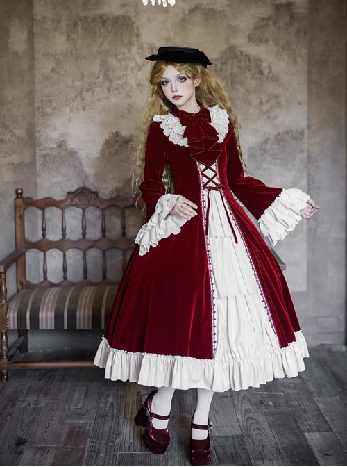 Walnut Box Winter Series Red Velvet Lace Stand Collar Elegant Open Front Ruffle Classic Lolita Long Bell Sleeves Dress Collar Bowknot Set