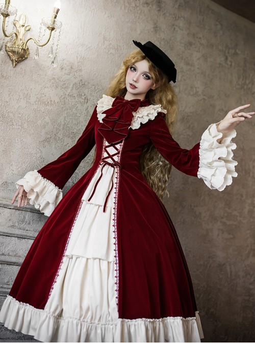 Walnut Box Winter Series Red Velvet Lace Stand Collar Elegant Open Front Ruffle Classic Lolita Long Bell Sleeves Dress Collar Bowknot Set