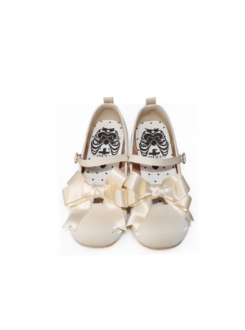 Bess Series Satin Ribbon Bowknot Round Toe Silk Leather Mary Jane Sweet Lolita Mid Heel Chunky Heel Leather Shoes