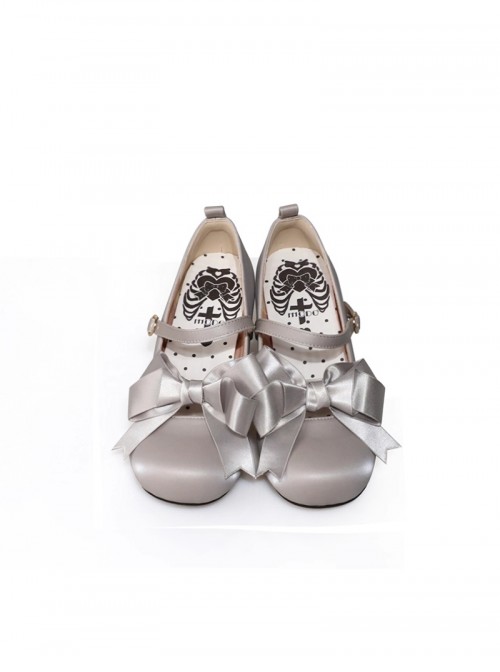Bess Series Satin Ribbon Bowknot Round Toe Silk Leather Mary Jane Sweet Lolita Mid Heel Chunky Heel Leather Shoes