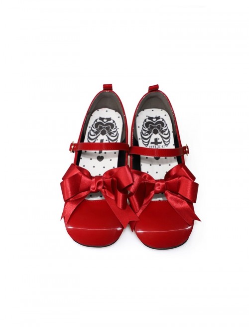 Bess Series Satin Ribbon Bowknot Round Toe Silk Leather Mary Jane Sweet Lolita Mid Heel Chunky Heel Leather Shoes