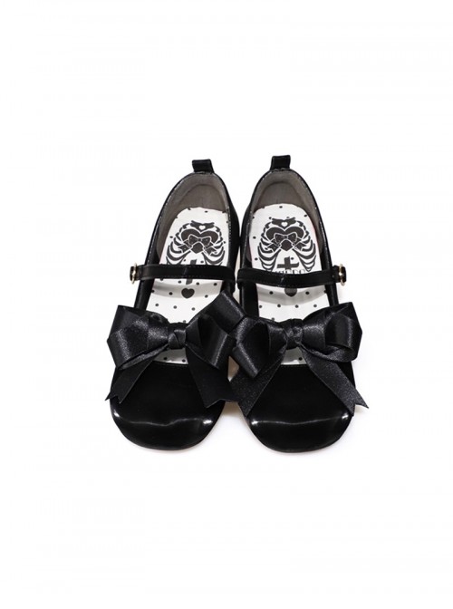 Bess Series Satin Ribbon Bowknot Round Toe Silk Leather Mary Jane Sweet Lolita Mid Heel Chunky Heel Leather Shoes