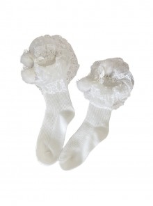 Cute Christmas Ribbon Bowknot Multi Layer Lace White Pom Poms Sweet Lolita Socks